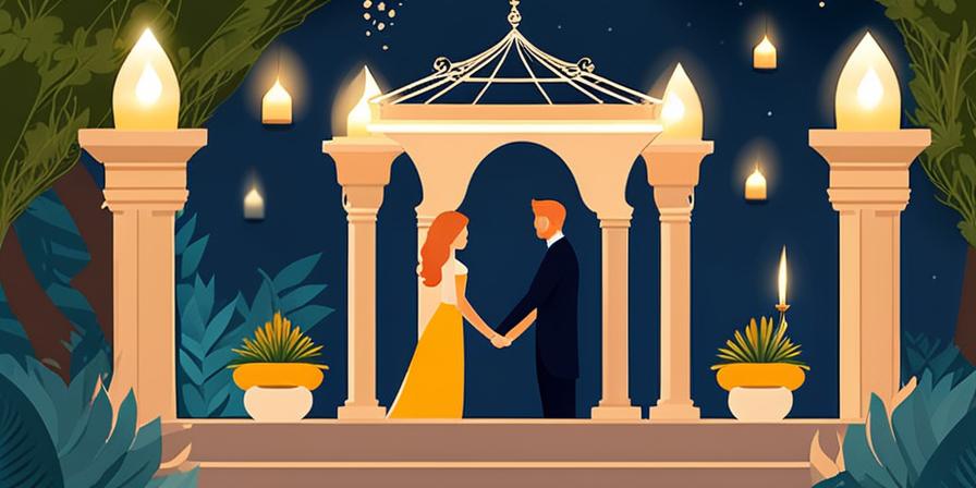 Recién casados besándose en un romántico jardín iluminado