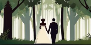 Pareja de recién casados en un bosque con luces brillantes