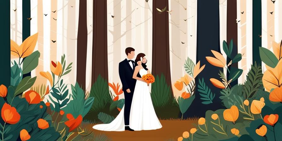 Pareja de recién casados sonrientes en bosque encantado