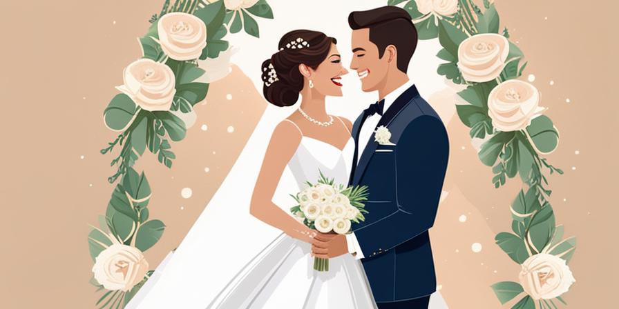 Recién casados ​​sonrientes rodeados de decoraciones de boda elegantes