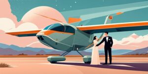 Pareja de recién casados posando frente a un dron volador