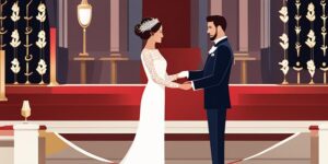 Pareja sonriente intercambiando votos en ceremonia civil romántica