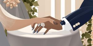 Pareja sostiene manos con anillos de boda