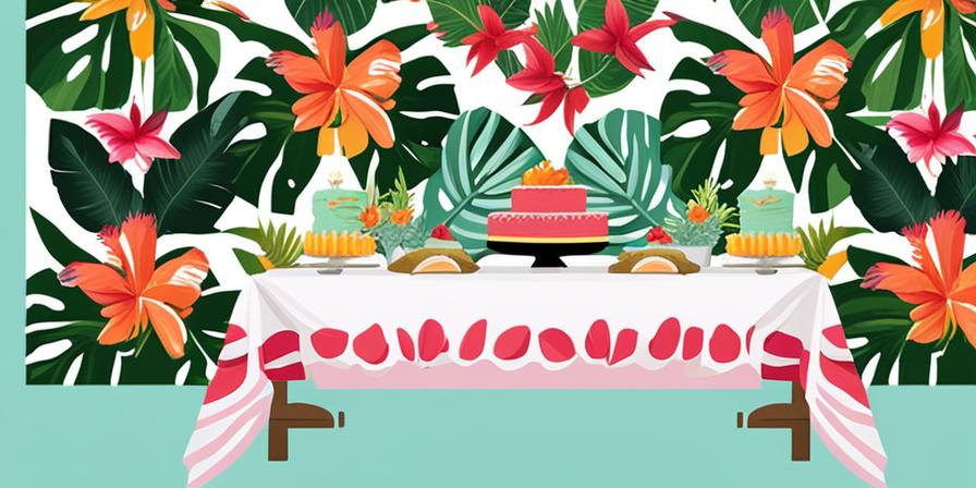 Mesa con pasteles de boda tropicales y exóticos