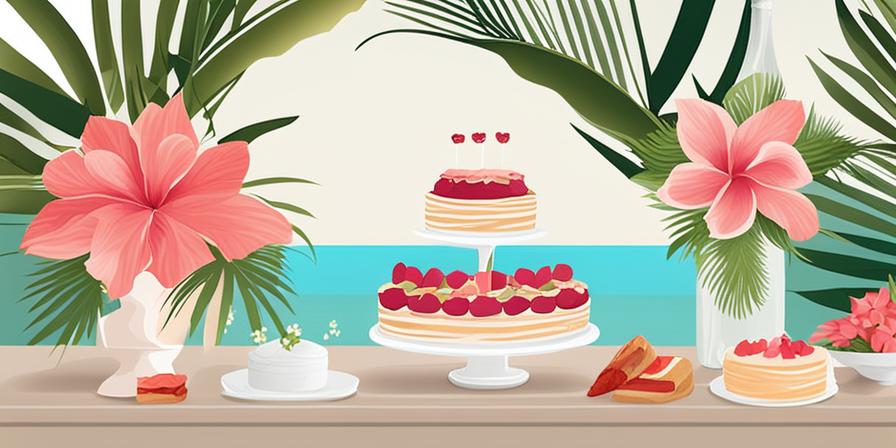 Mesa con pasteles de boda tropicales