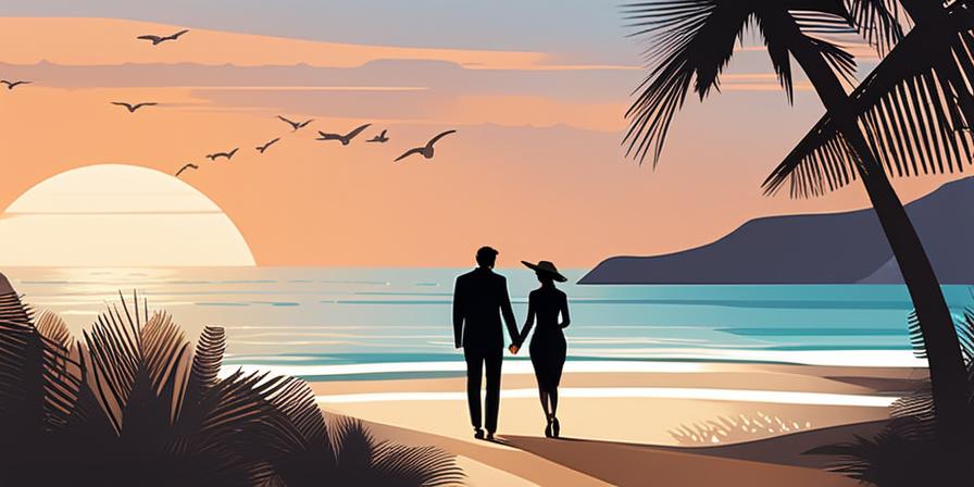 Romántica pareja abrazada en una playa paradisíaca rodeada de regalos