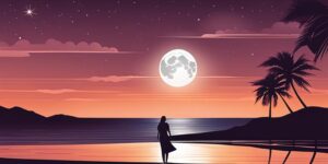 Pareja abrazándose en una playa bajo la luna