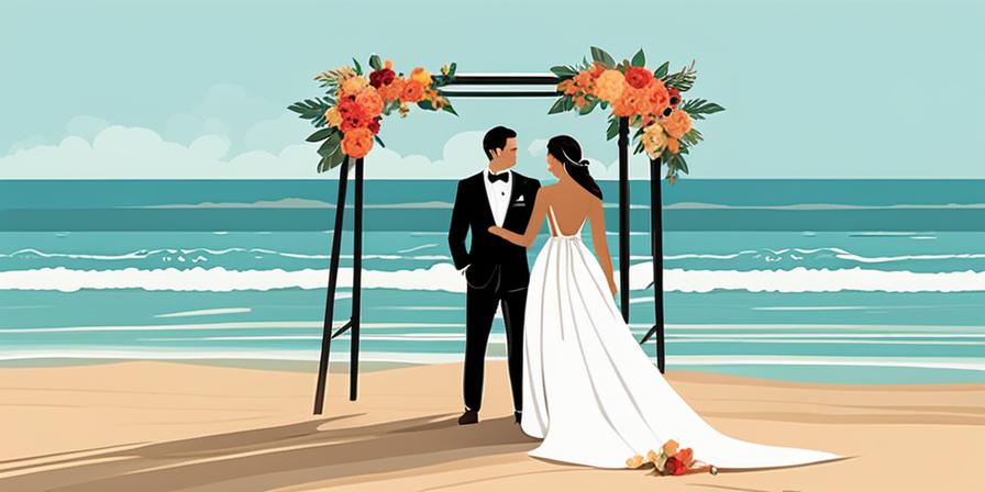 Pareja de recién casados besándose en una playa