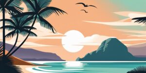 Playa tropical con palmeras, aguas cristalinas y una pareja disfrutando del paraíso
