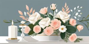 Ramo de flores blancas y rosas en mesa de boda