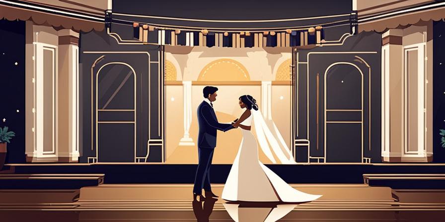Pareja de recién casados bailando en escenario temático