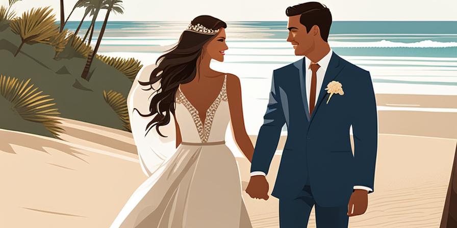 Recién casados ​​en la playa bajo palmeras y agua cristalina