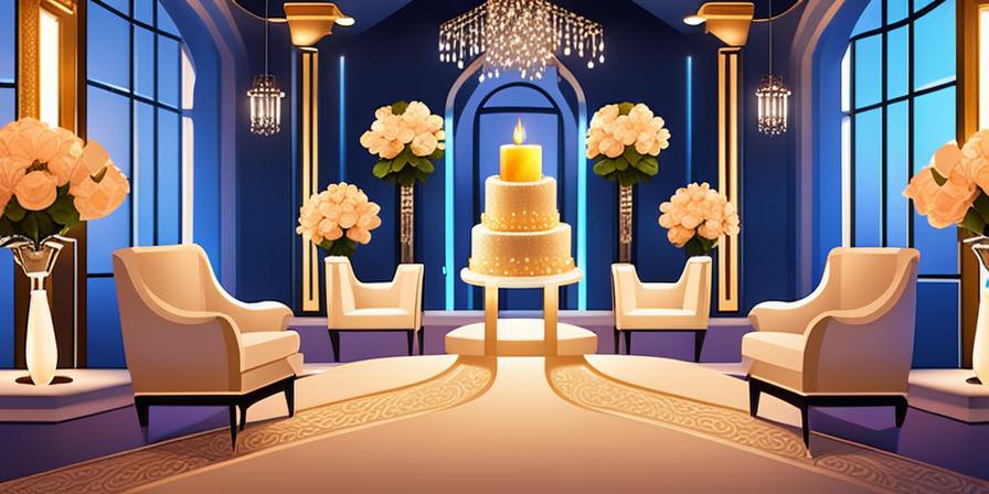 Salón de boda iluminado con luces y velas