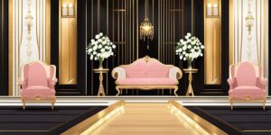 Salón de bodas elegante con decoración y luces