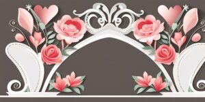 Corazones entrelazados rodeados de flores en tarjeta de boda