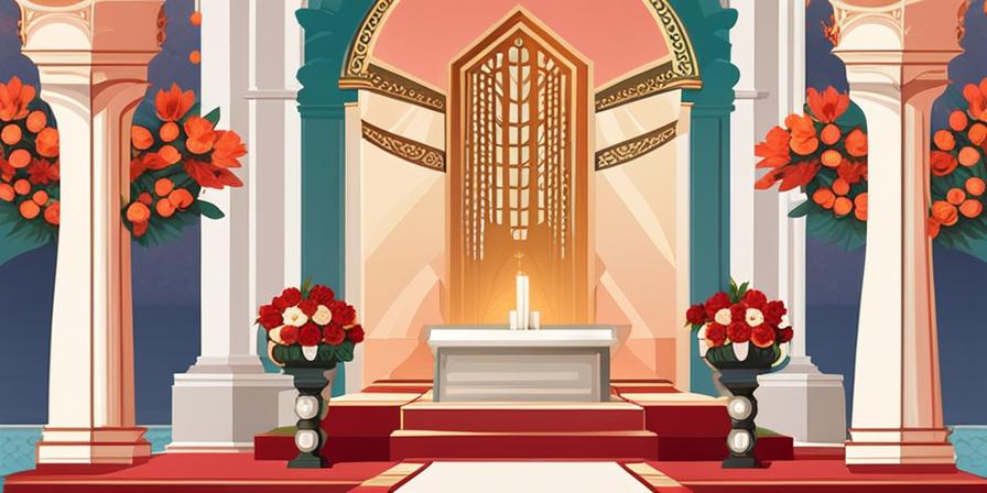 Templo decorado con flores, velas y feliz pareja