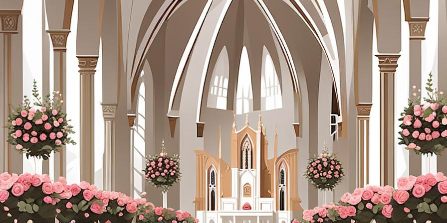 Velo blanco y rosas rodeando una iglesia iluminada