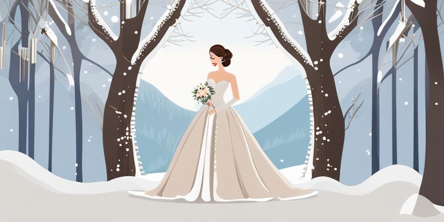 Novia sonriente en elegante vestido de boda de invierno